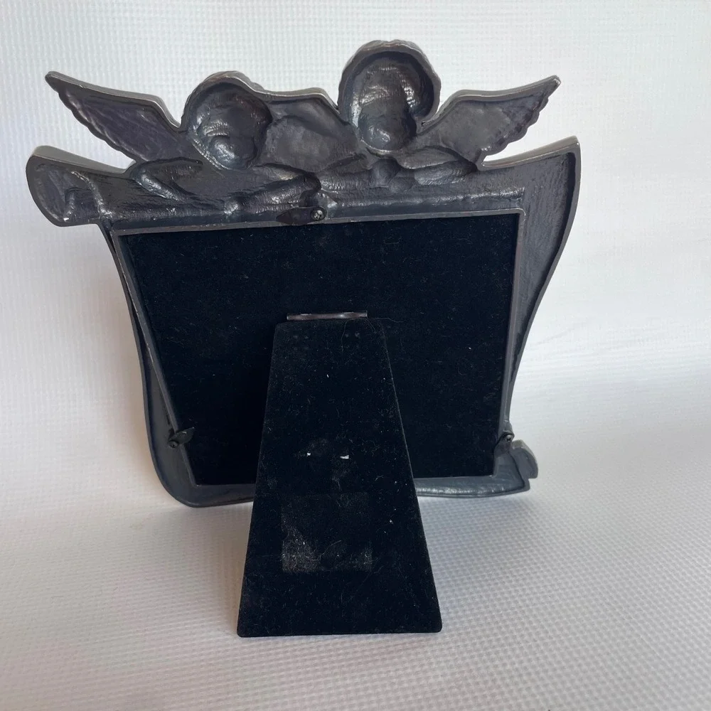 Cherub Scroll Picture Frame Pewter Tone Angel 5x5 Vintage Style Tabletop Decor